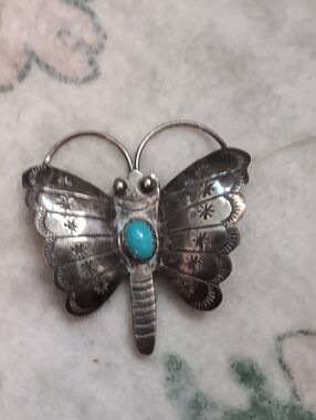 Sterling Butterfly Brooch with Turquoise Cabochon